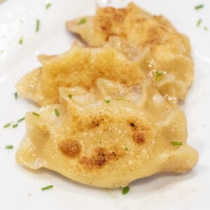 a plate of crispy pierogis.