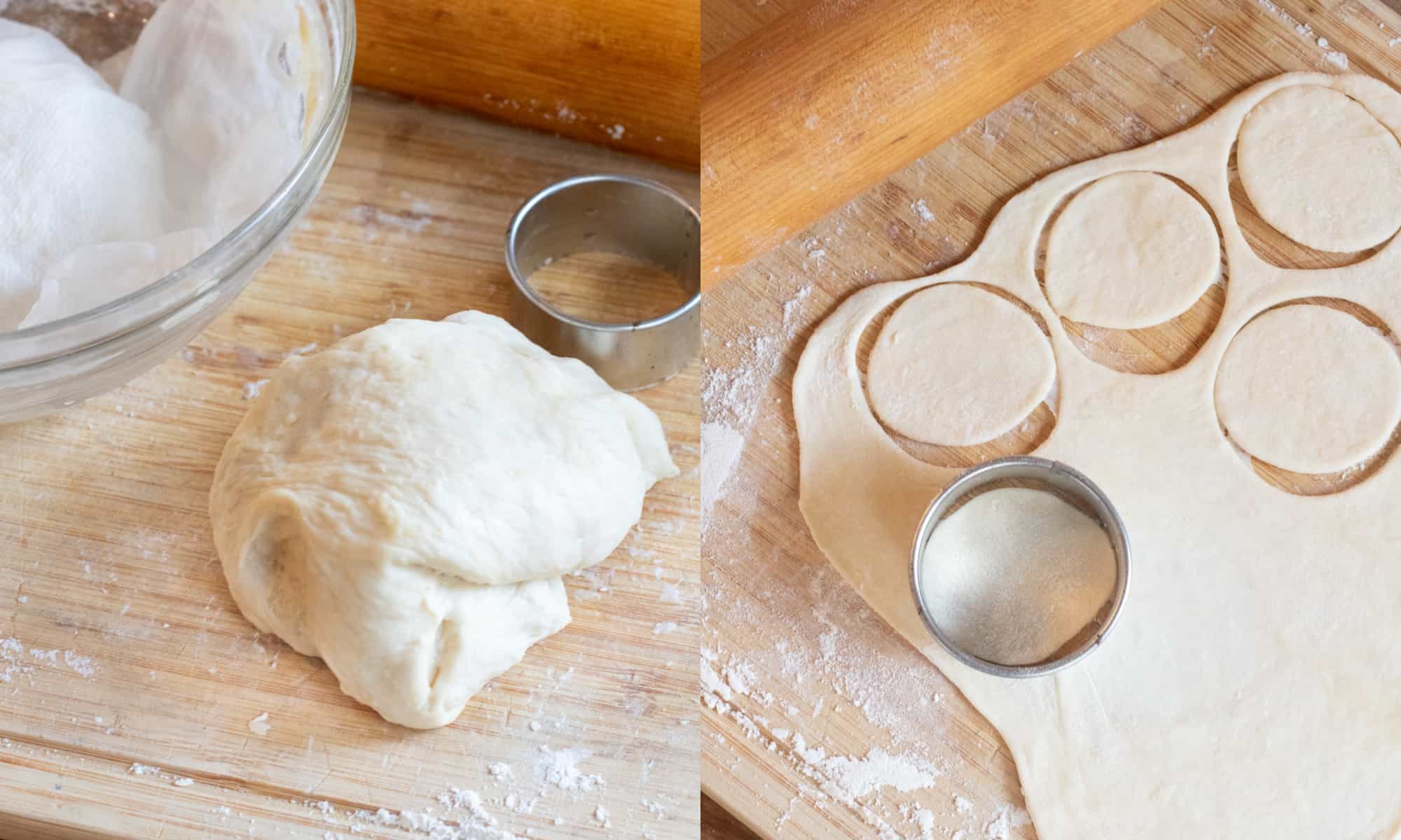 dough on a cutting board next to a bowl and then dough rolled out with a circle cutter cutting out circles in the dough.