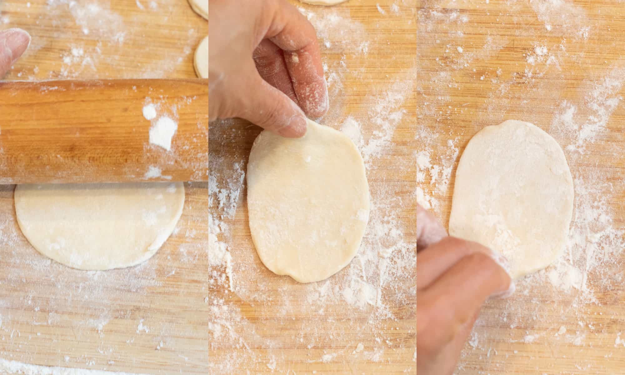 3 pictures, a rolling pin rolling out dough, a hand on one side of the dough oval on a floured cutting board, and then the hand on the other side of the dough oval.
