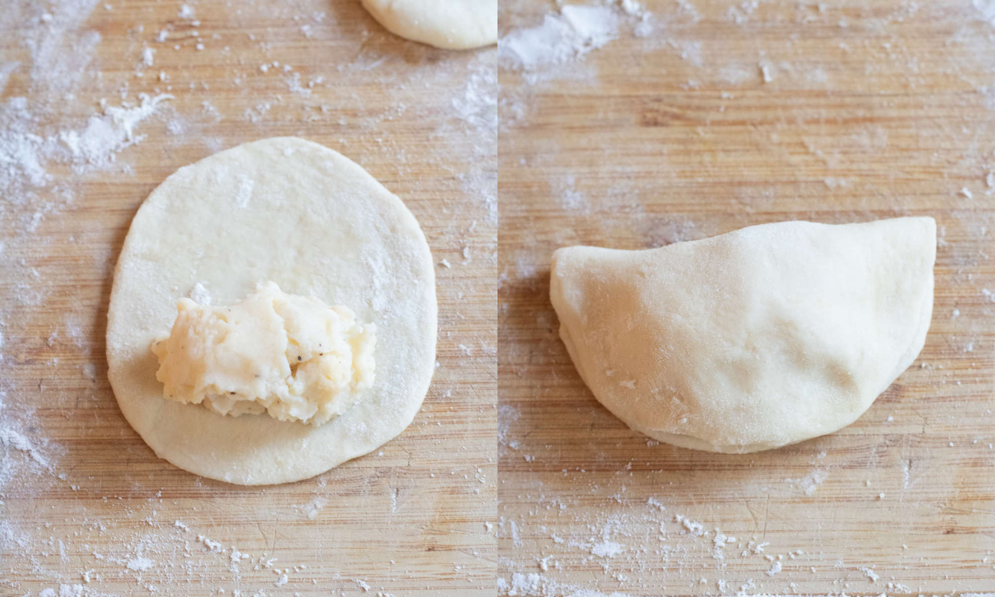 a dough oval with mashed potatoes and then it folded over.