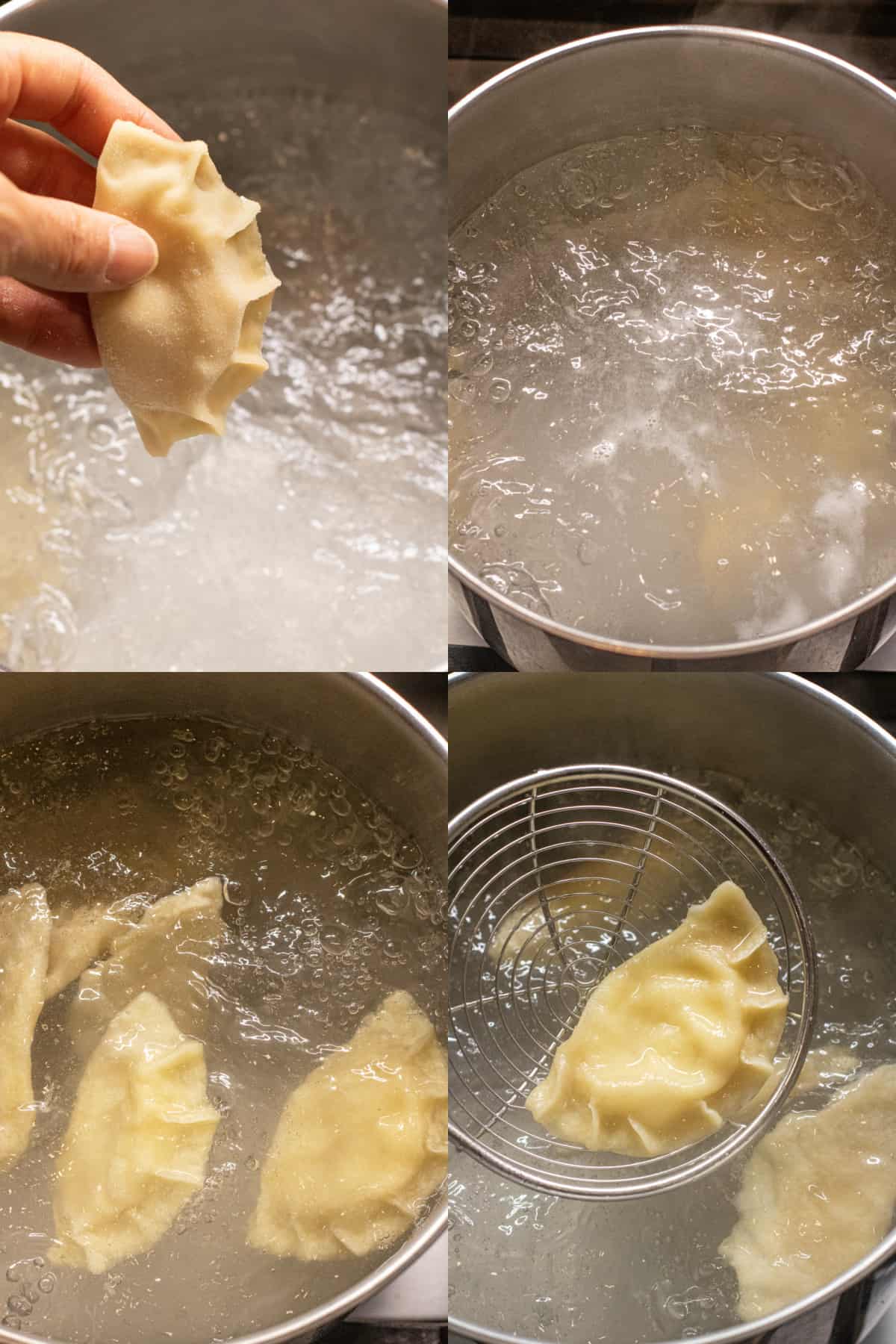 a hand putting a pierogi in a pot of boiling water, the pot of pierogis, another pot of pierogis with some floating, and then one being take out.