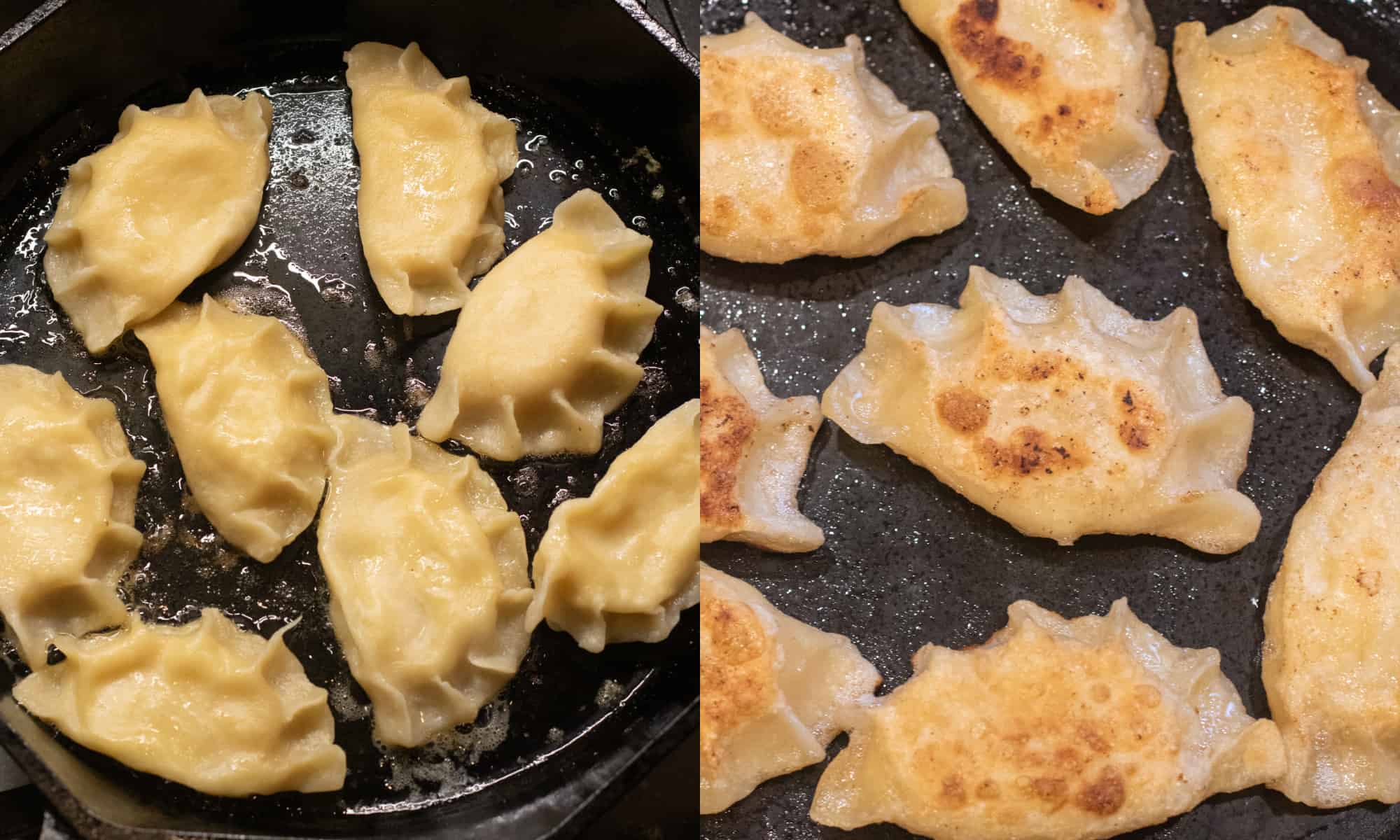 a pan of pierogis and then them crispy.