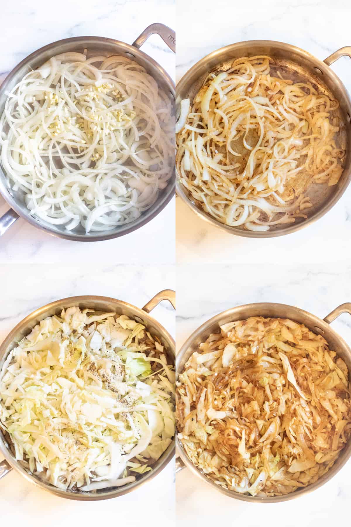 4 pictures of a pan, one with raw onions and garlic, with cooked onions, with cabbage added, and then the cabbage and onions all cooked together.