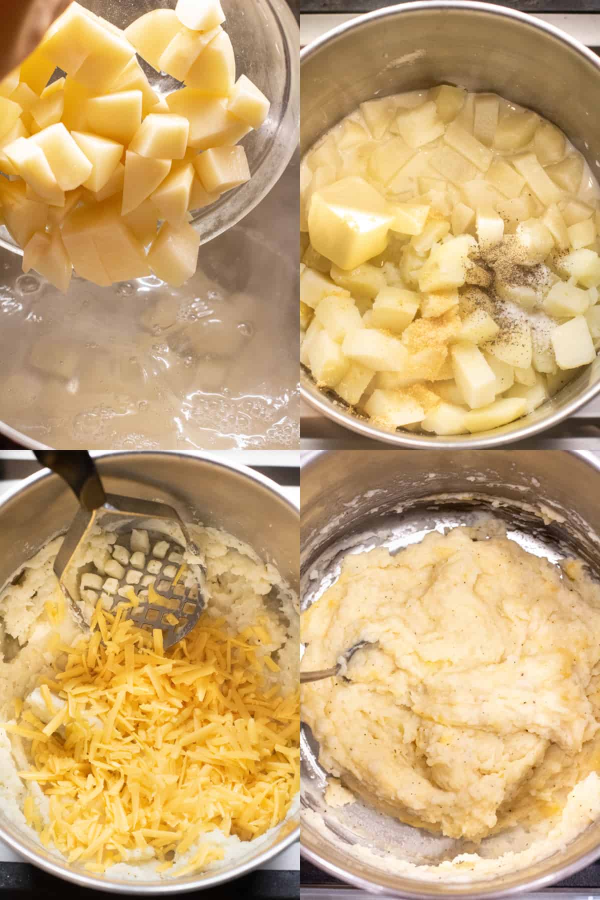 4 pictures, one with diced potatoes being poured into a pot of boiling water, the cooked potatoes with milk and butter and salt and pepper, the pot with shredded cheddar cheese added, and then it all mashed together.