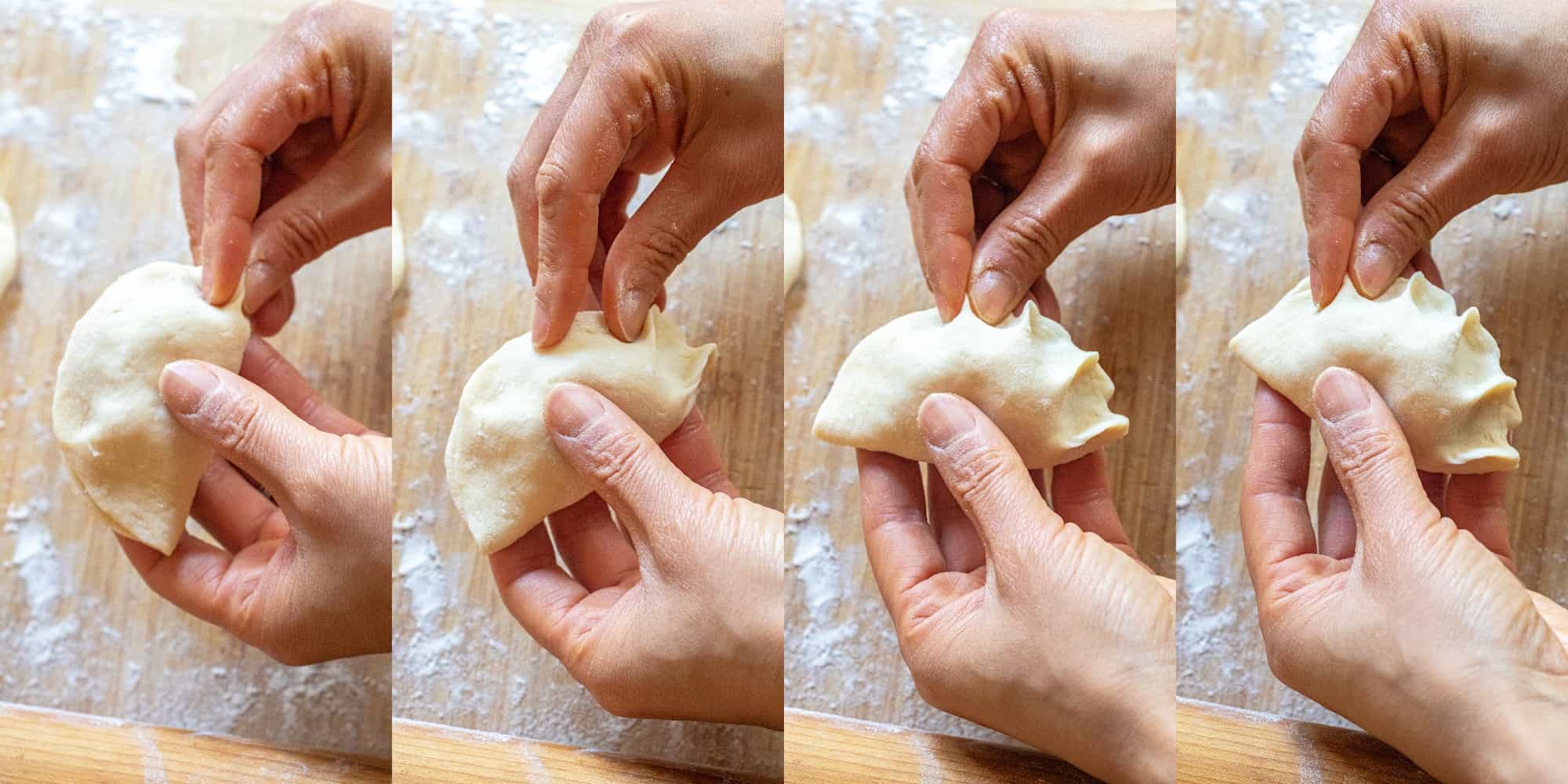 4 pictures of a hand pinching a pierogi around the edges of the pierogi.