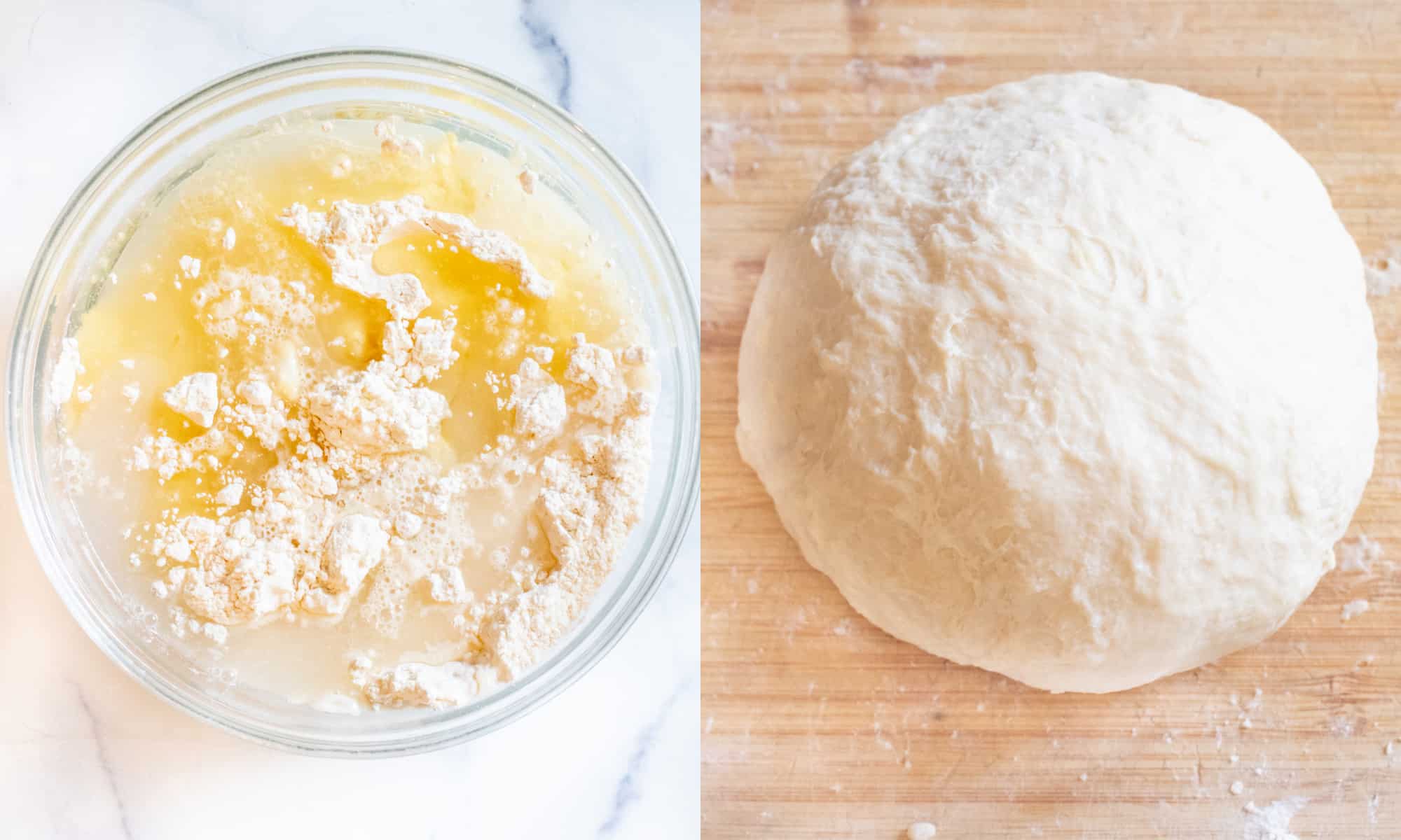 two pictures, one of a bowl of flour with water and oil and then a dough ball on a cutting board.