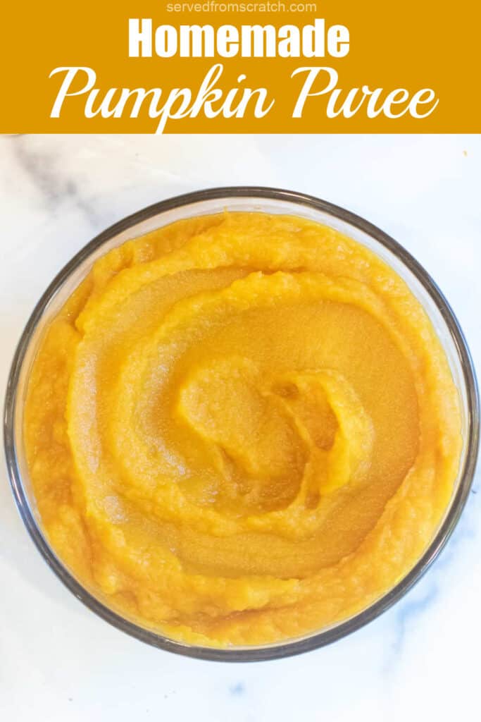 a bowl of pumpkin puree with Pinterest pin text.