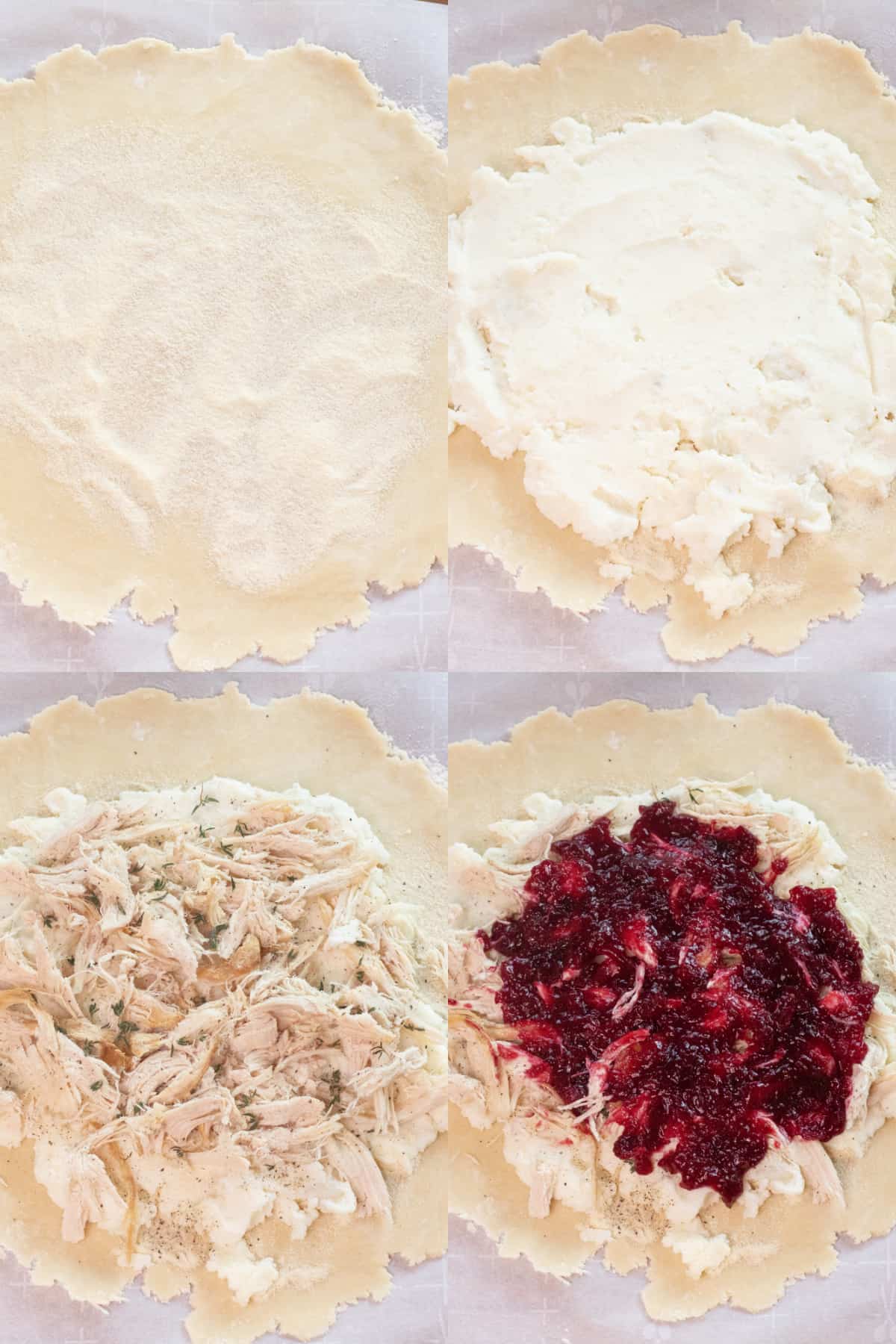 4 pictures, one with rolled out dough and a layer of semolina flour, then with a layer of mashed potatoes, a layer of turkey with thyme and salt and pepper, and a layer of cranberry sauce.