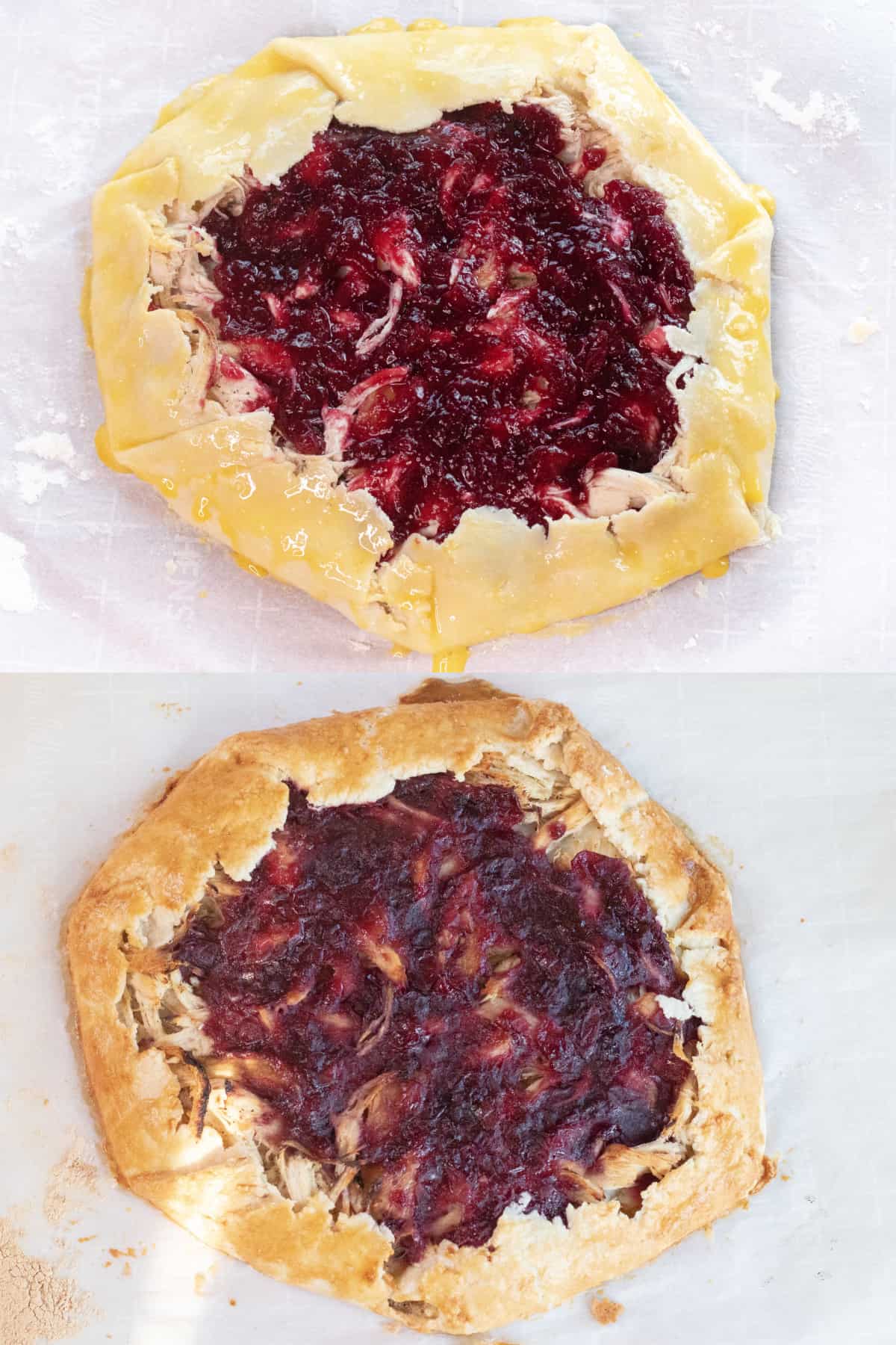 two galettes with cranberry sauce, one unbaked and one baked.