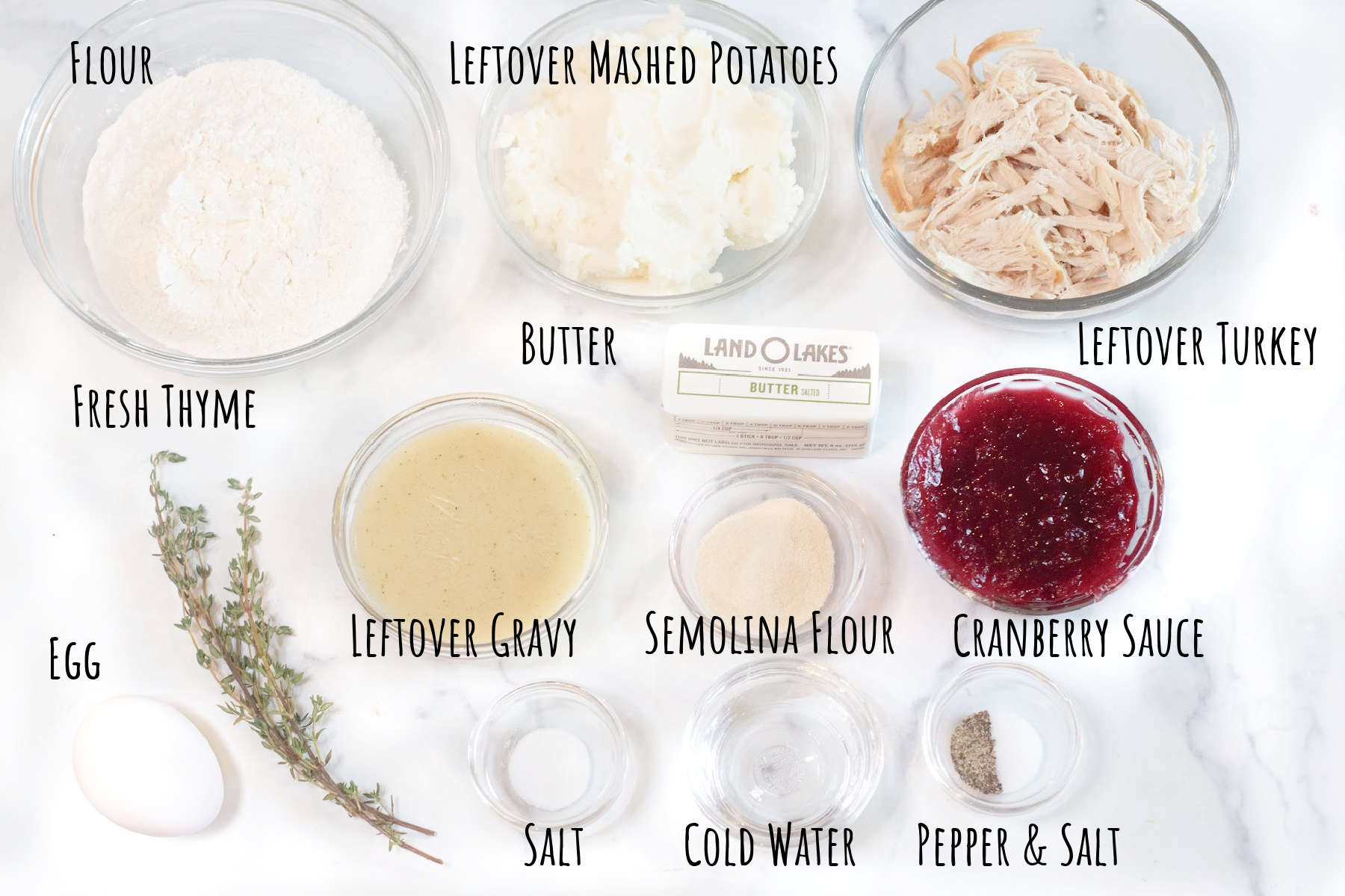 bowl of flour, mashed potatoes, turkey, cranberries, gravy, salt and pepper, water, butter, semolina flour, and fresh thyme all out and labeled.