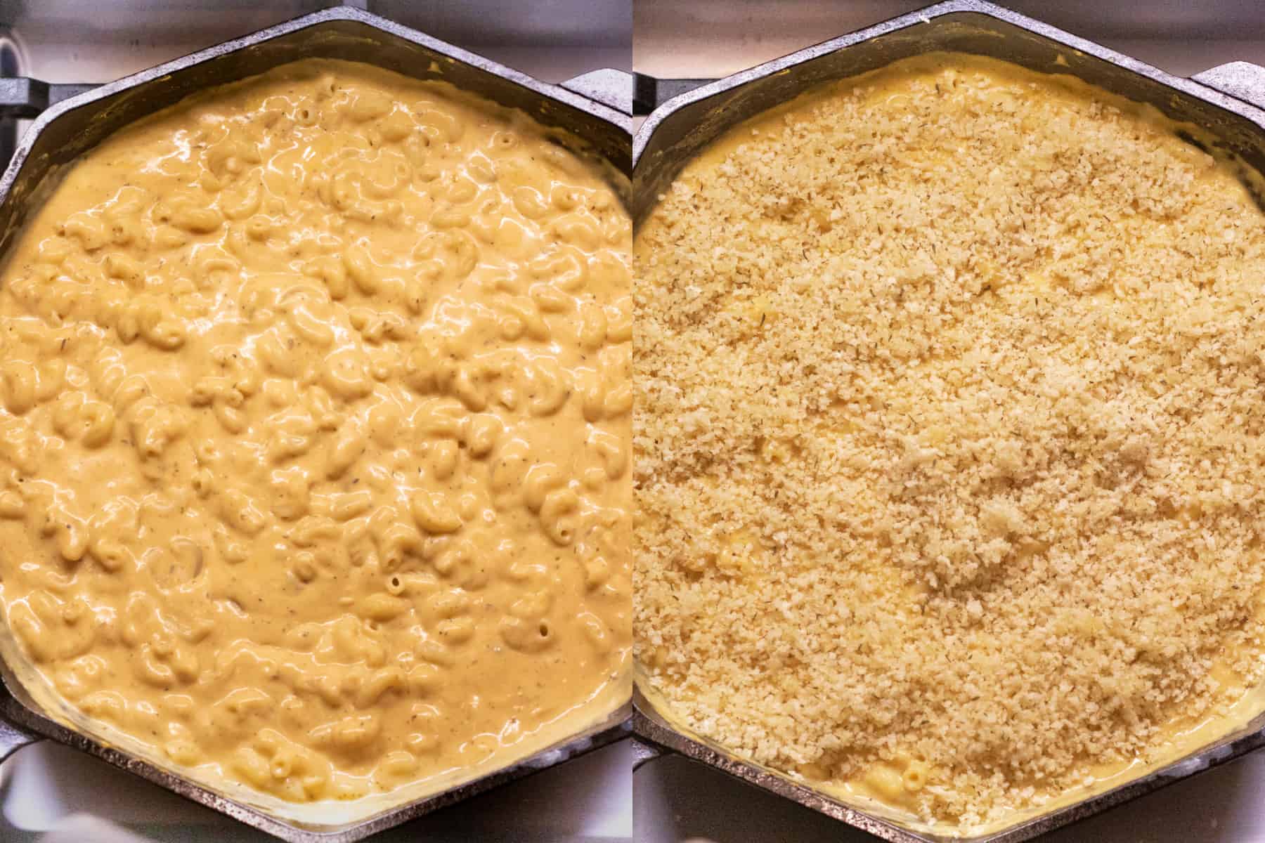 two cast irons one with cheesy pasta and with panko on top.