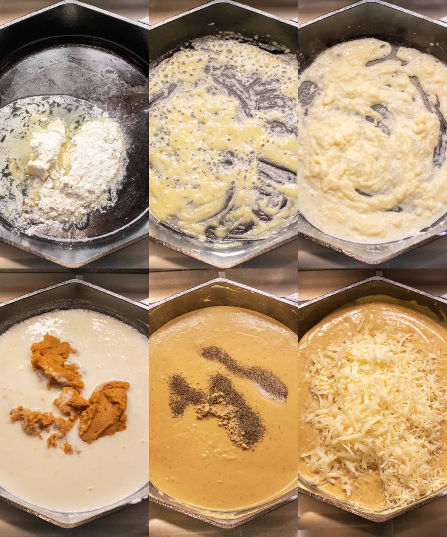 6 pictures of cast irons with butter, flour, whisked to a roux, with milk added, and with pumpkin in it, and then with spices added and with shredded cheeses added.