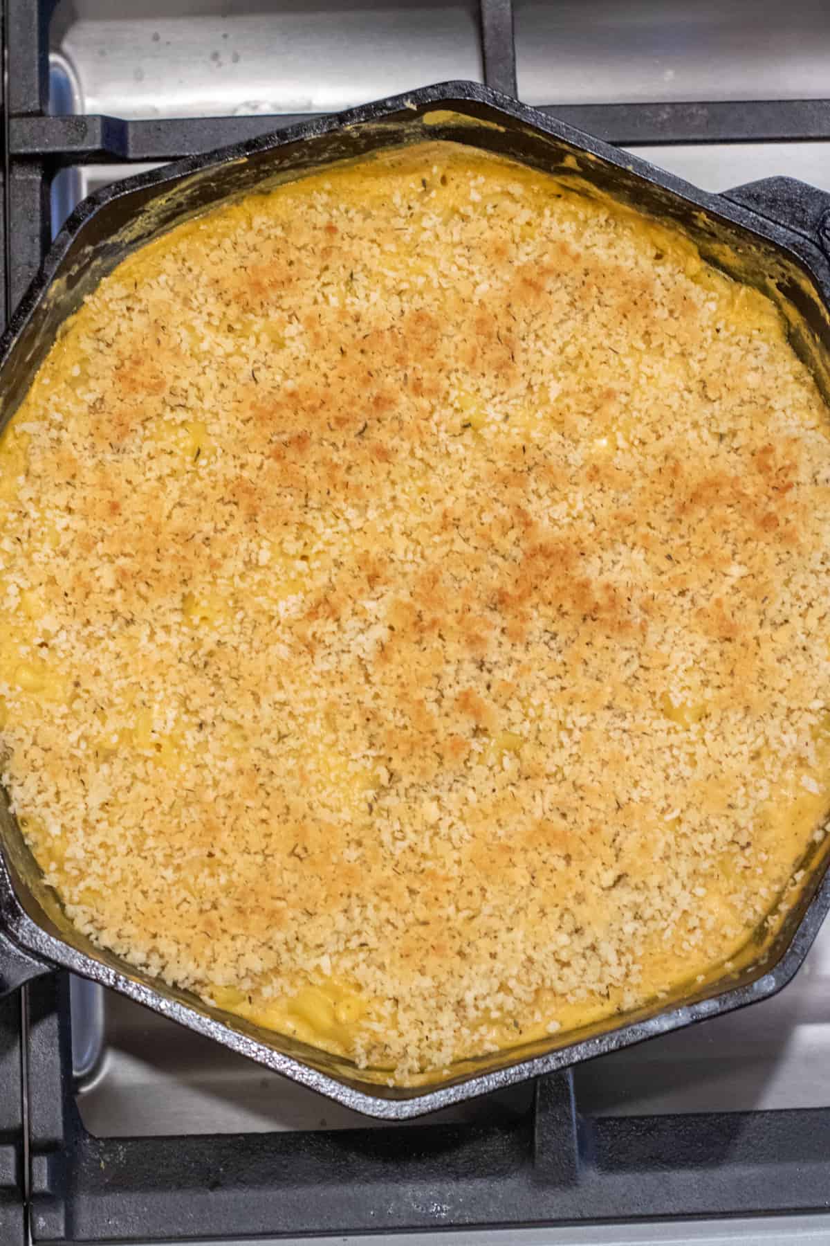 a cast iron with browned panko breadcrumbs.