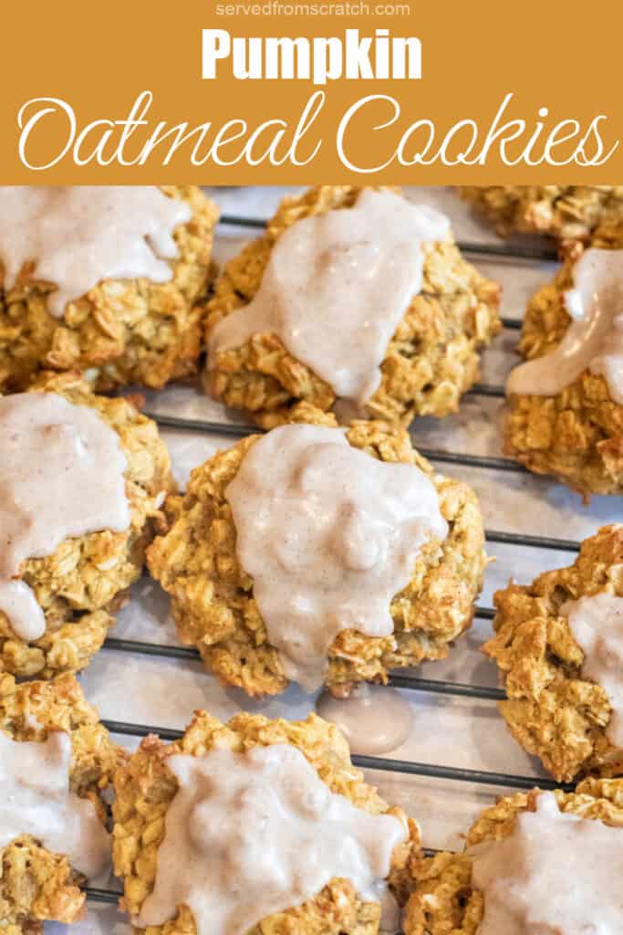 a plate of oatmeal cookies with icing with Pinterest pin text.