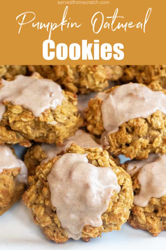 a plate of oatmeal cookies with icing with Pinterest pin text.