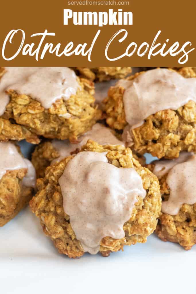 a plate of oatmeal cookies with icing with Pinterest pin text.