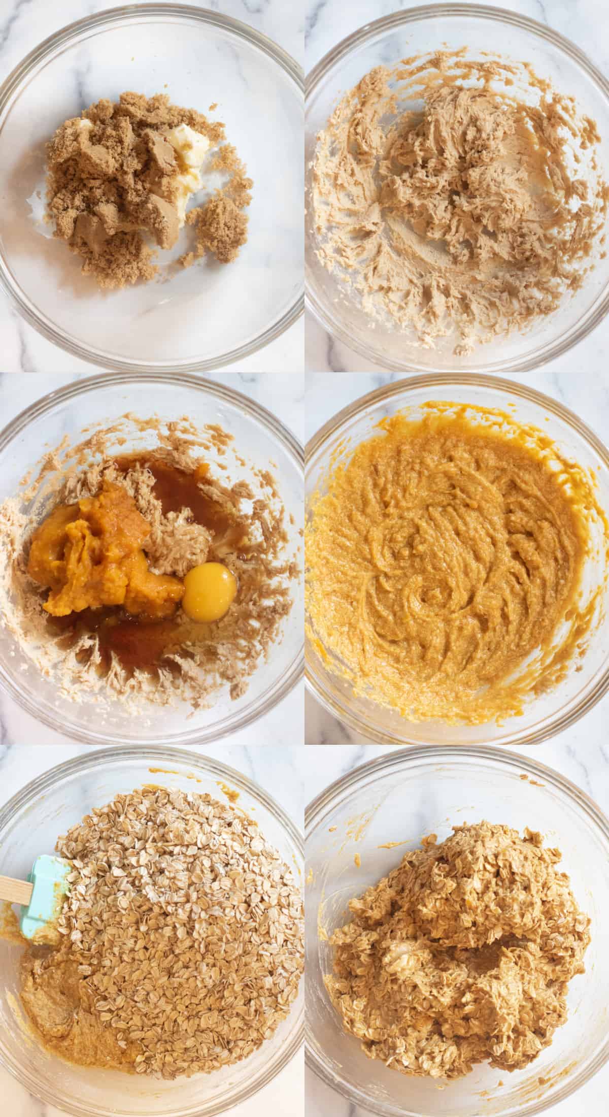 6 pictures of bowls of butter and sugar, creamed, with pumpkin and maple added, it all mixed, oats added, and it all mixed.