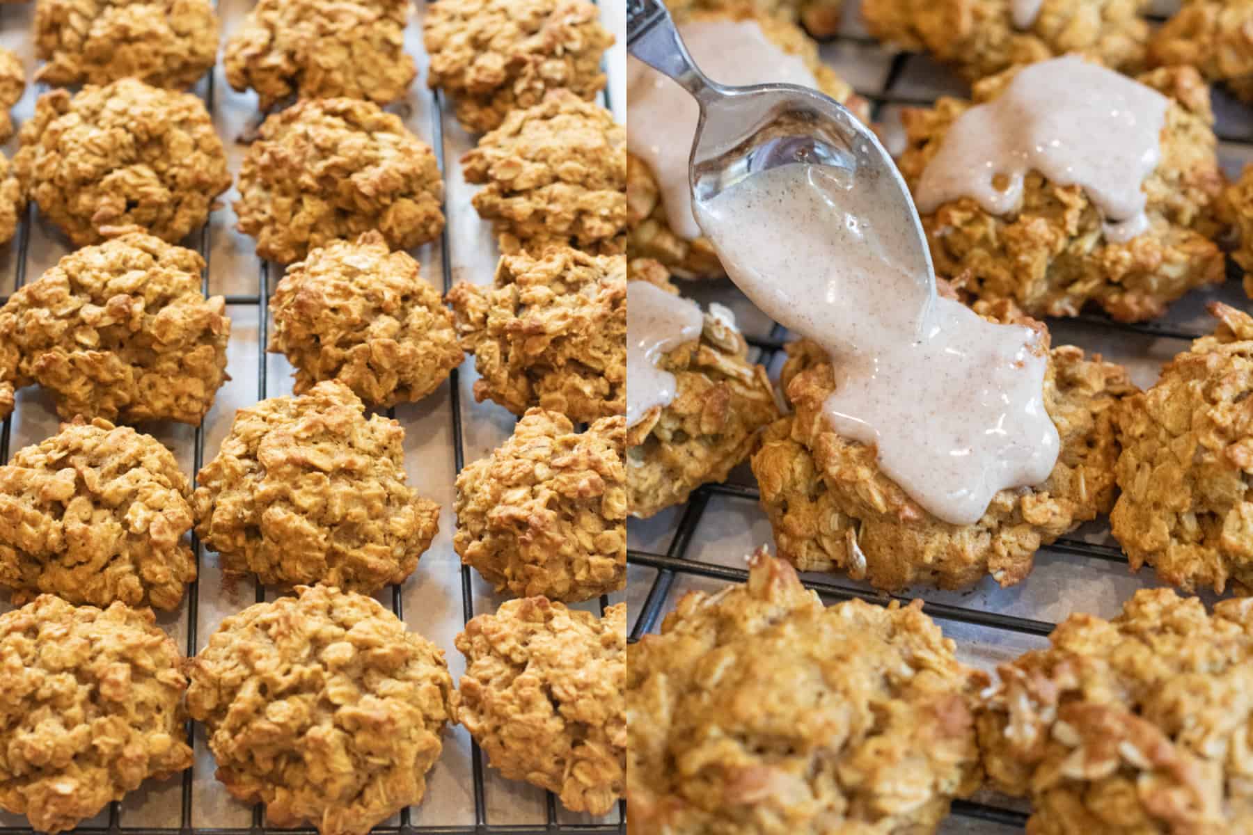 a wire rack of baked oatmeal cookies and then a spoon putting icing on them.