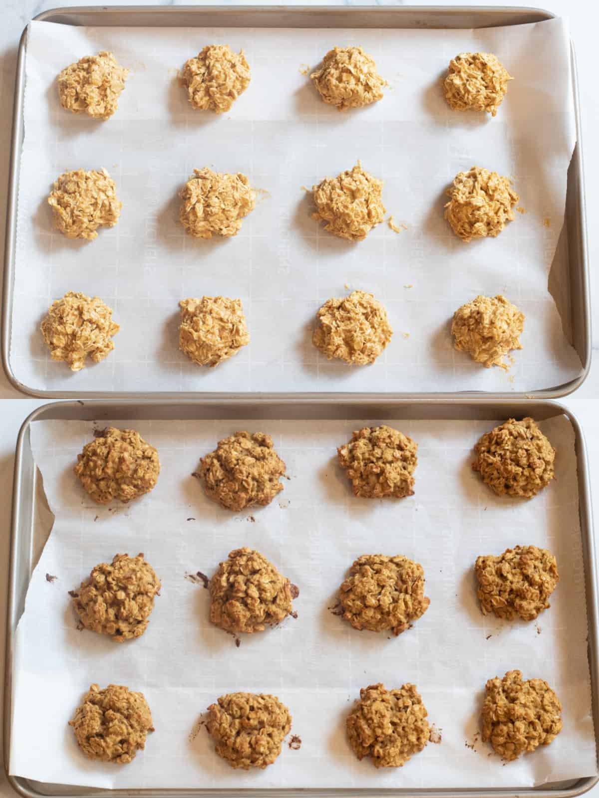 two baking trays, one with raw dough and one with baked cookies.