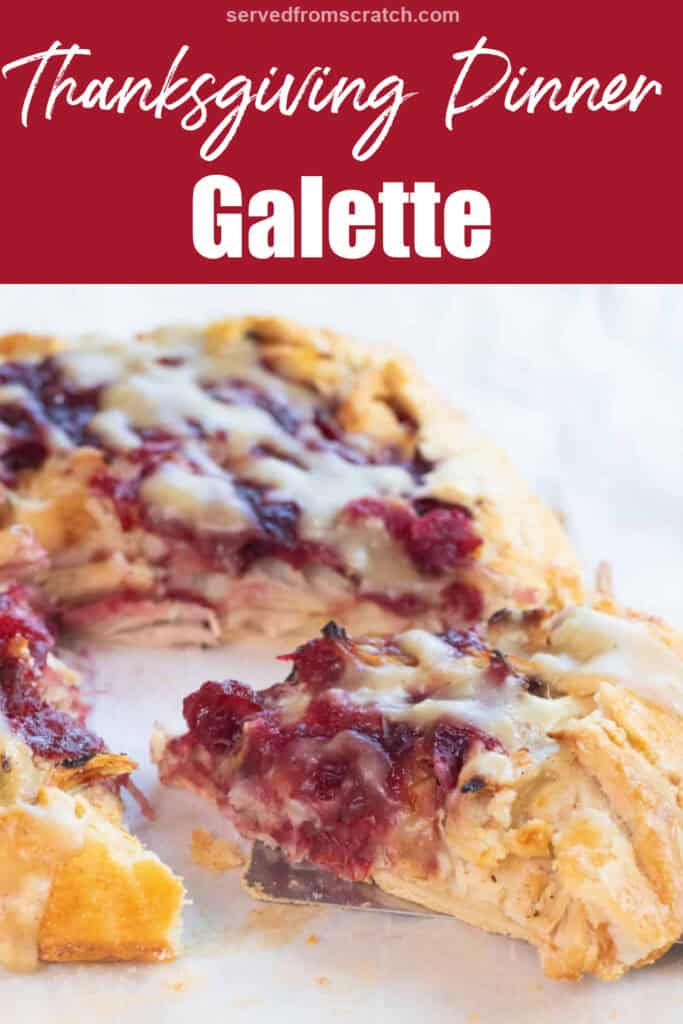 a slice of a galette with mashed potatoes, turkey, and cranberry sauce with Pinterest pin text.