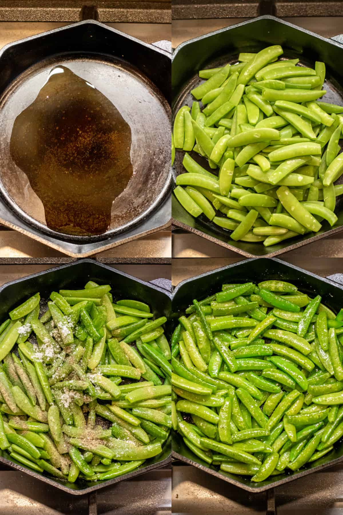 4 pictures, one of a cast iron with oil, with trimmed sugar snap peas, with salt and pepper added, and all sauteed.