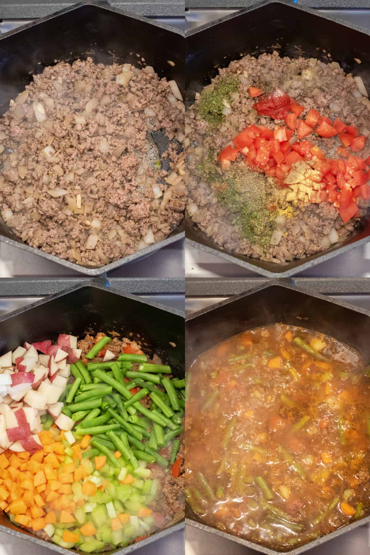 four pictures of a dutch oven one with ground beef and onion, with spices and tomato paste added, and then potatoes and veggies, and then it all with stock.