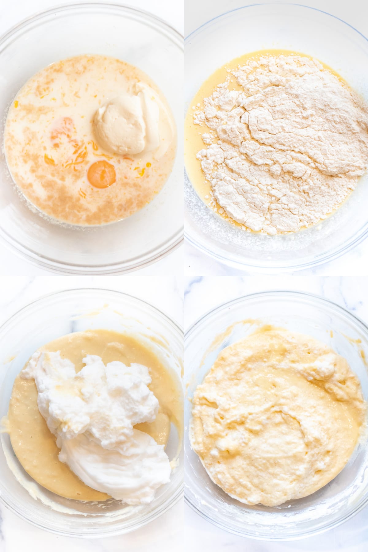 4 bowls, one with eggs and ricotta and then one with flour mixture, then it all mixed with whipped egg whites on top, and then it all mixed together.