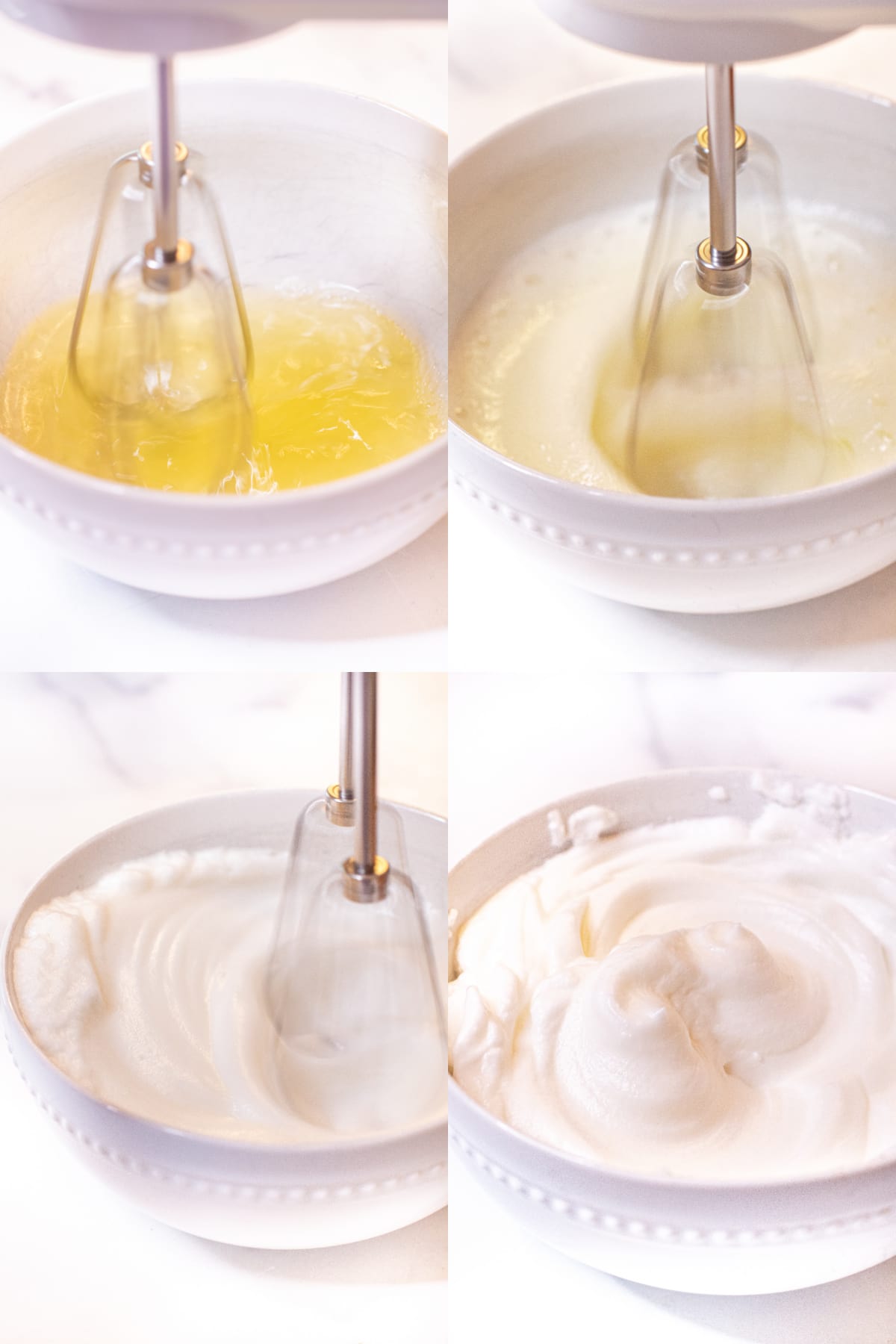 4 pictures of a blender in a bowl with egg yolks and then it all blended until it's thick and foamy.