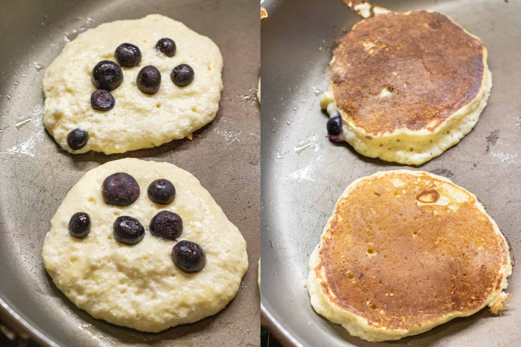 a pan with pancakes with blueberries and then a picture of the pan with them cooked.