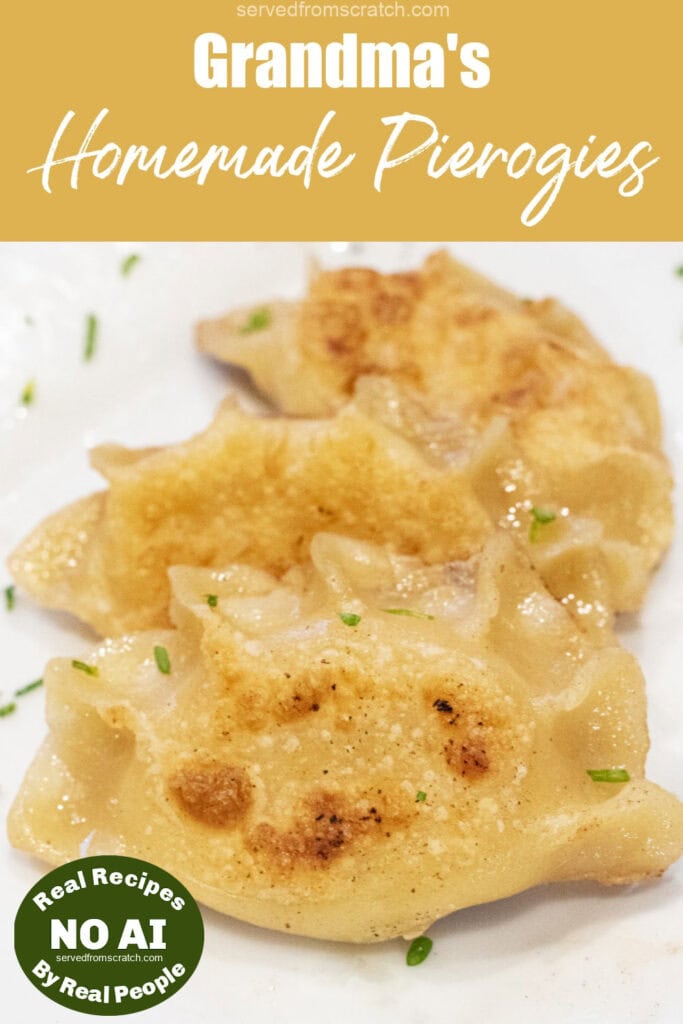 a plate of crispy pierogis with Pinterest pin text with NO AI sticker.