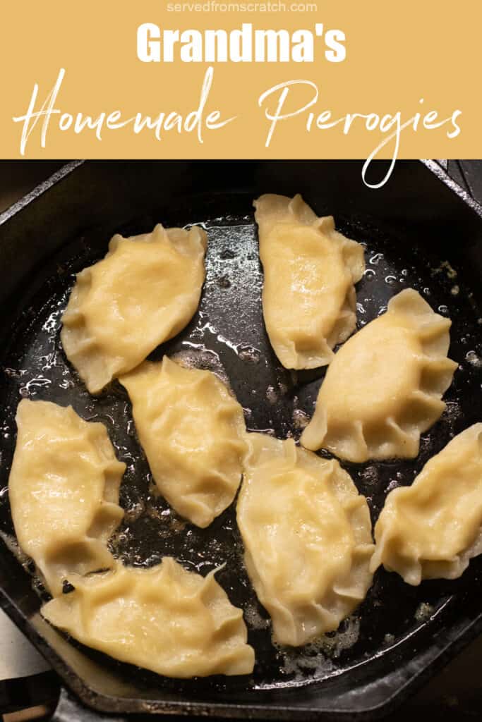 a pan of cooked pierogies with Pinterest pin text.