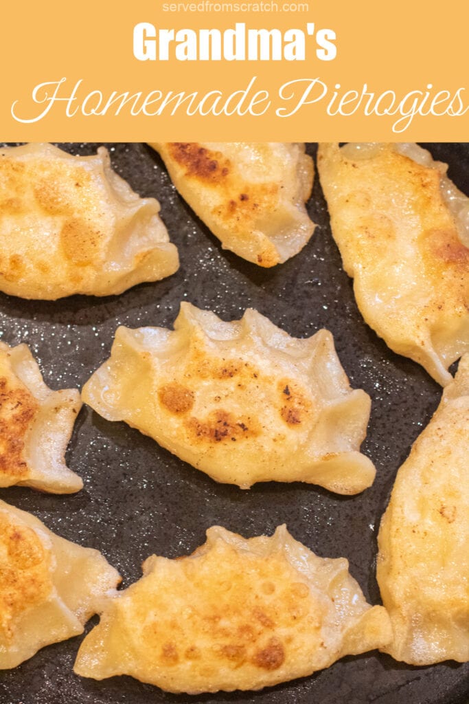 a pan of crispy fried pierogies in a pan with Pinterest pin text.