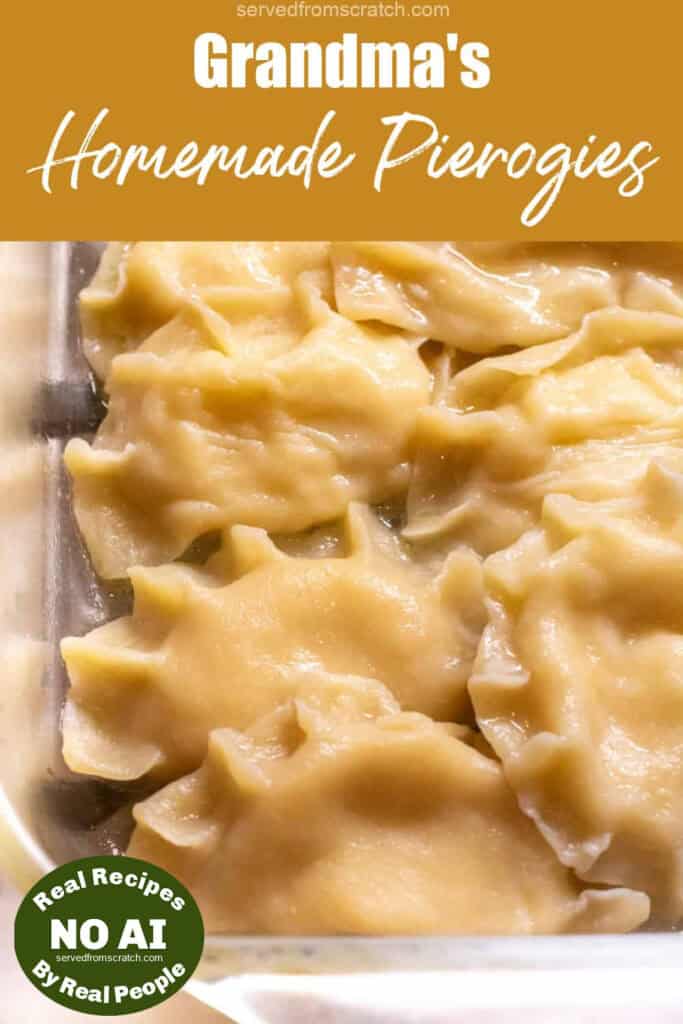 a baking tray of soft cooked pierogies with Pinterest pin text with NO AI sticker.