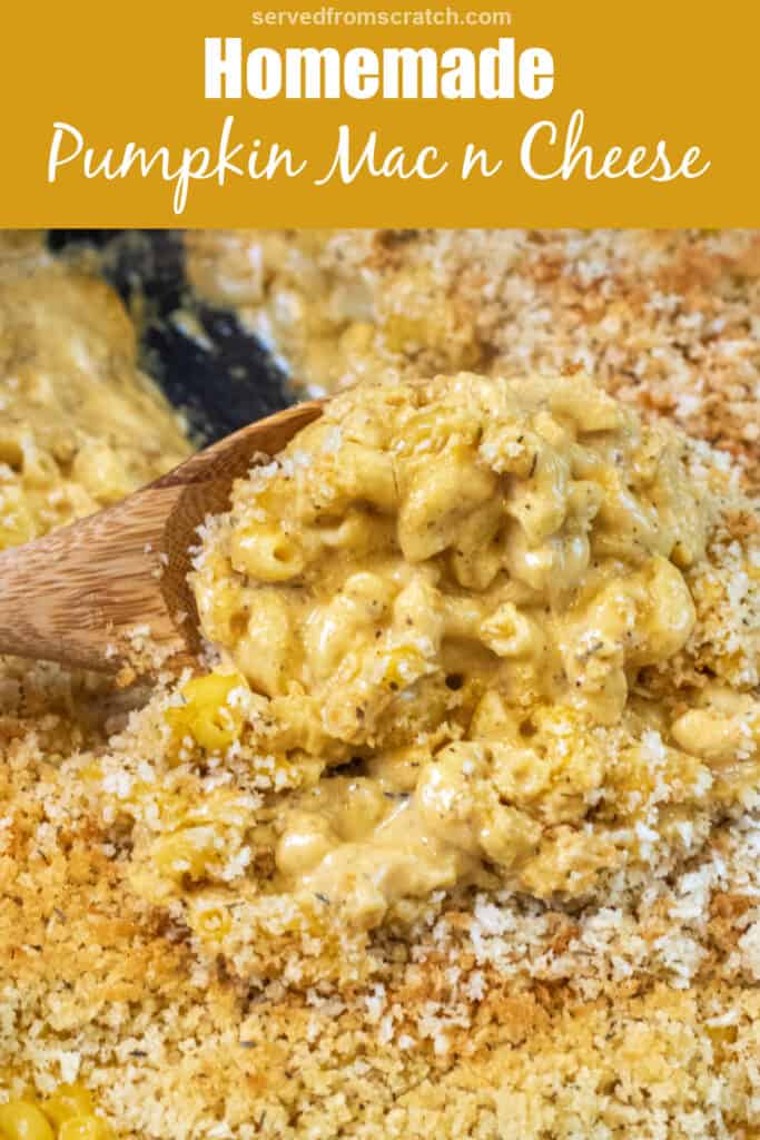 a cast iron with a scoop of mac n cheese with Pinterest pin text.