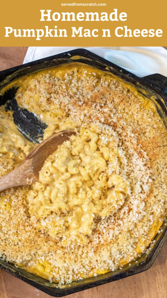 a cast iron with a scoop of mac n cheese with Pinterest pin text.