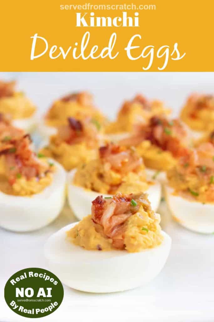 a plate of deviled eggs with kimchi on the top with Pinterest pin text with NO AI sticker.