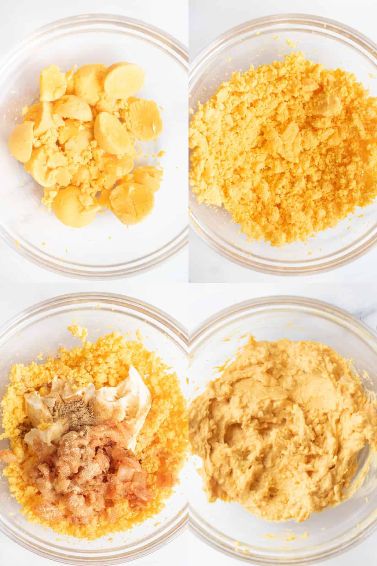 4 pictures of bowls of egg yolks and then it all mixed with mayo and kimchi.