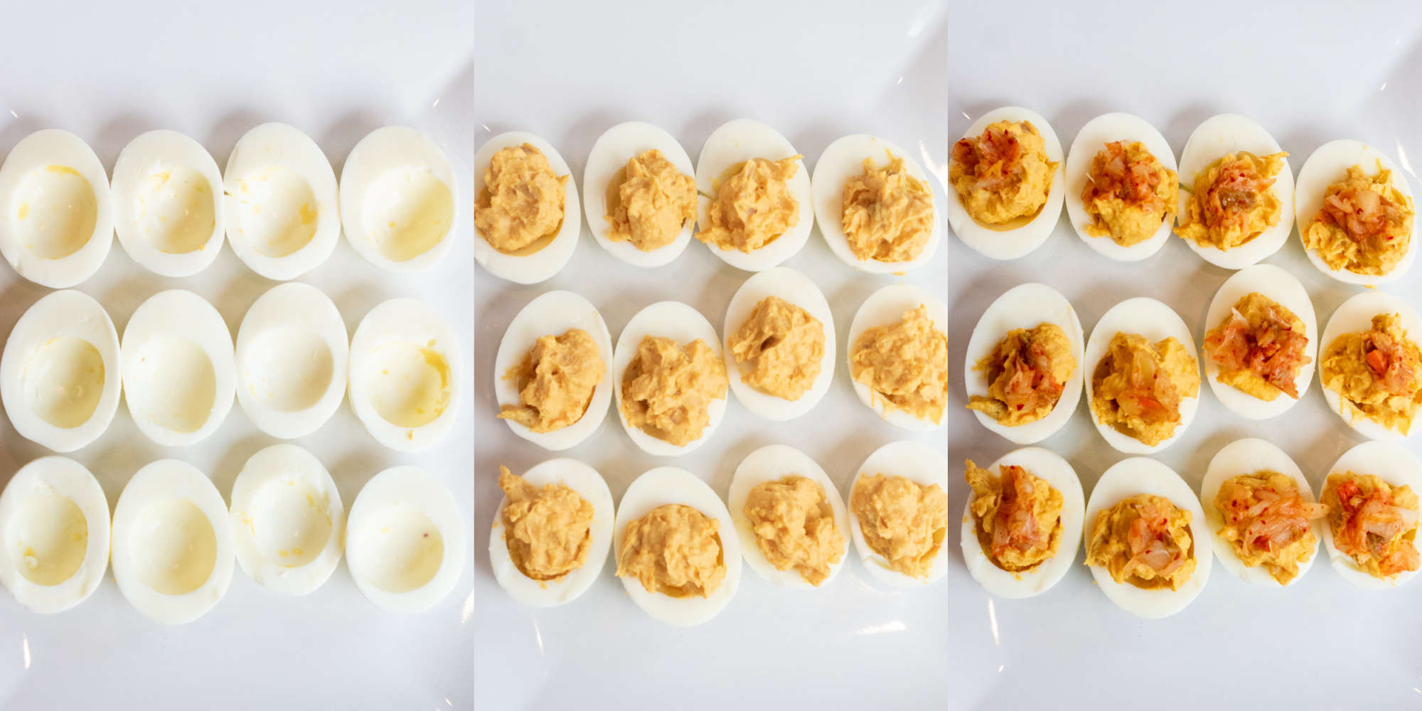3 pictures one with empty halved hard boiled eggs, with them filled, and then topped with kimchi.