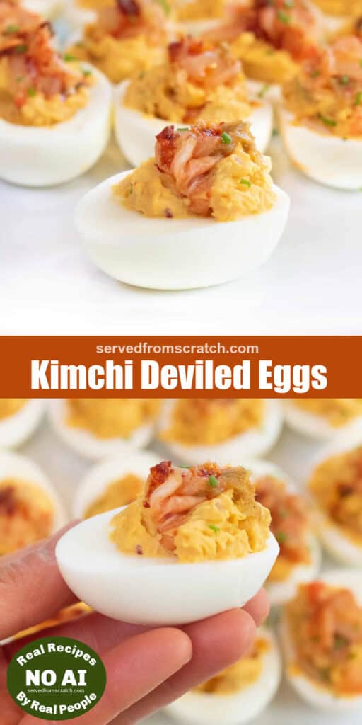 a plate of deviled eggs with kimchi on the top with Pinterest pin text and a picture of a hand holding the deviled egg with NO AI sticker.