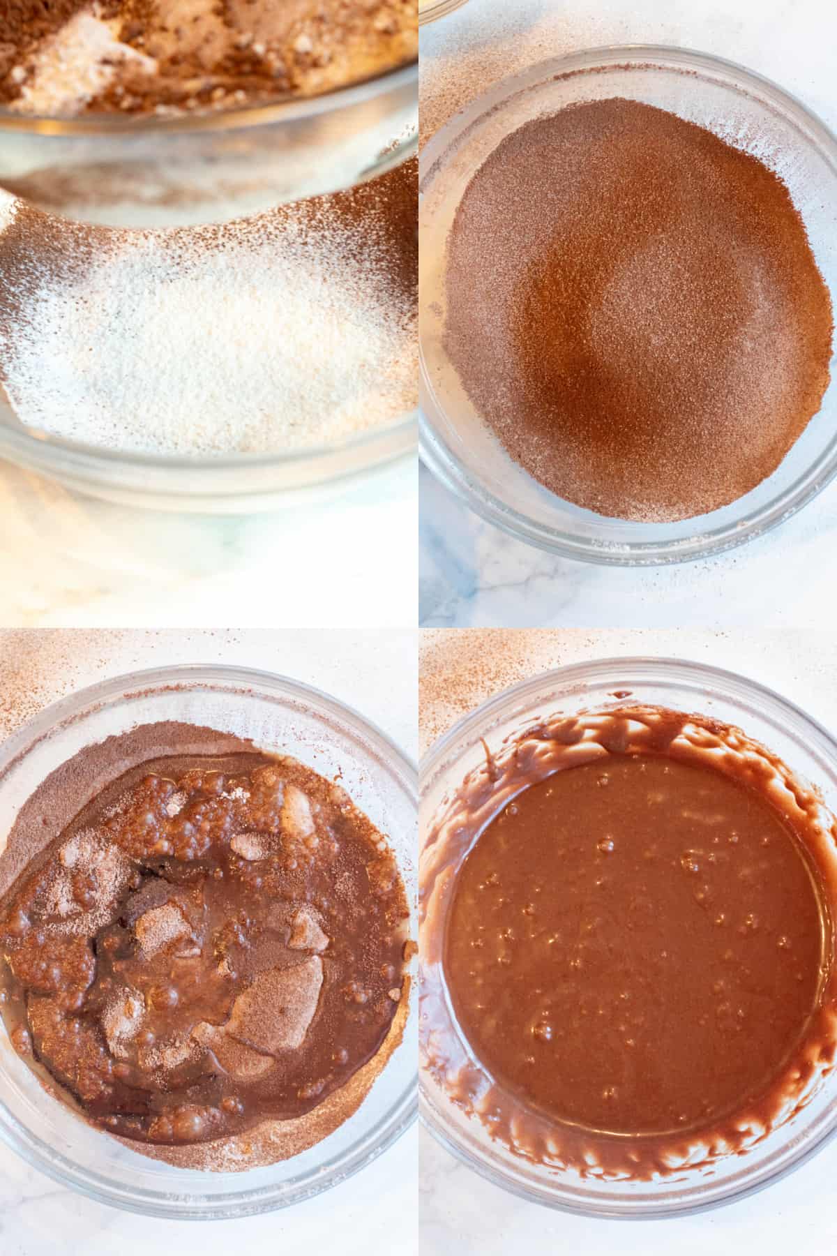 dry ingredients being sifted together in a sifter into a bowl and then the bowl of it all sifted together and a bowl of sifted flour and cocoa powder plus oil, water, vinegar, vanilla, and salt and then a bowl of it all mixed together.