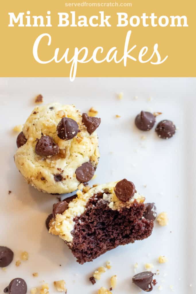 a plate of two little mini chocolate cupcakes with cream cheese topping and one with a bite taken out with Pinterest pin text.