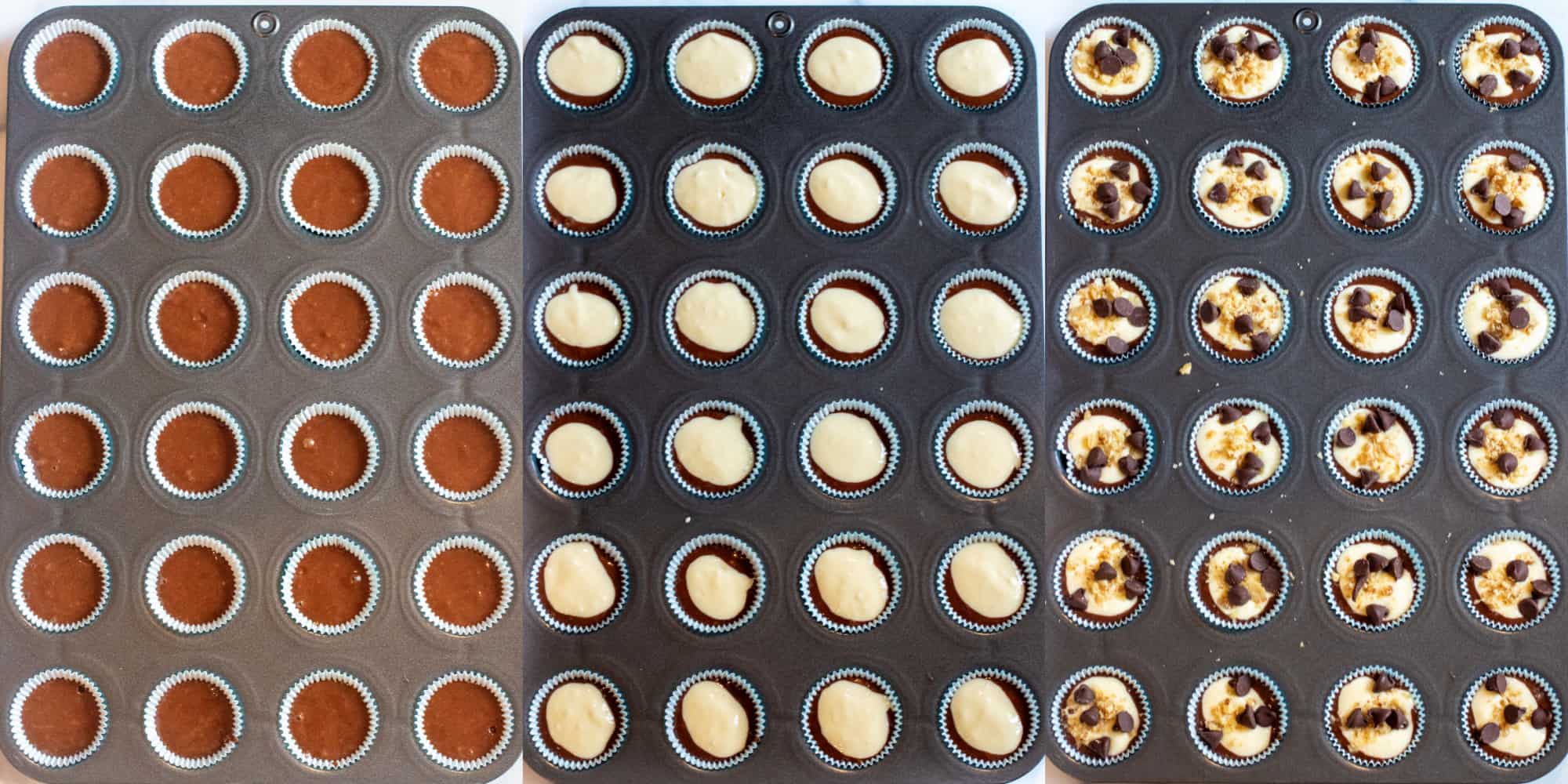 3 pictures of mini cupcake tins, one chocolate, one with chocolate and white topping, and the last with chocolate chips and walnuts.