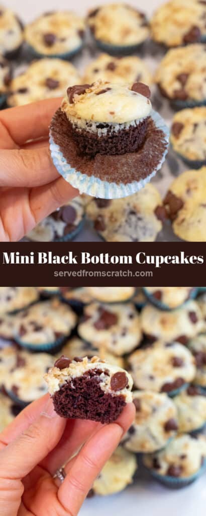 a hand holding a mini cupcake and then a plate of them with Pinterest pin text.