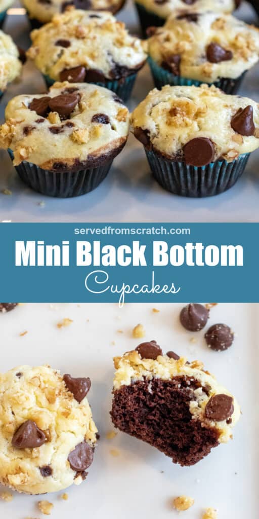 a plate of black bottom cupcakes and a plate with two with one with a bite taken out and Pinterest pin text.