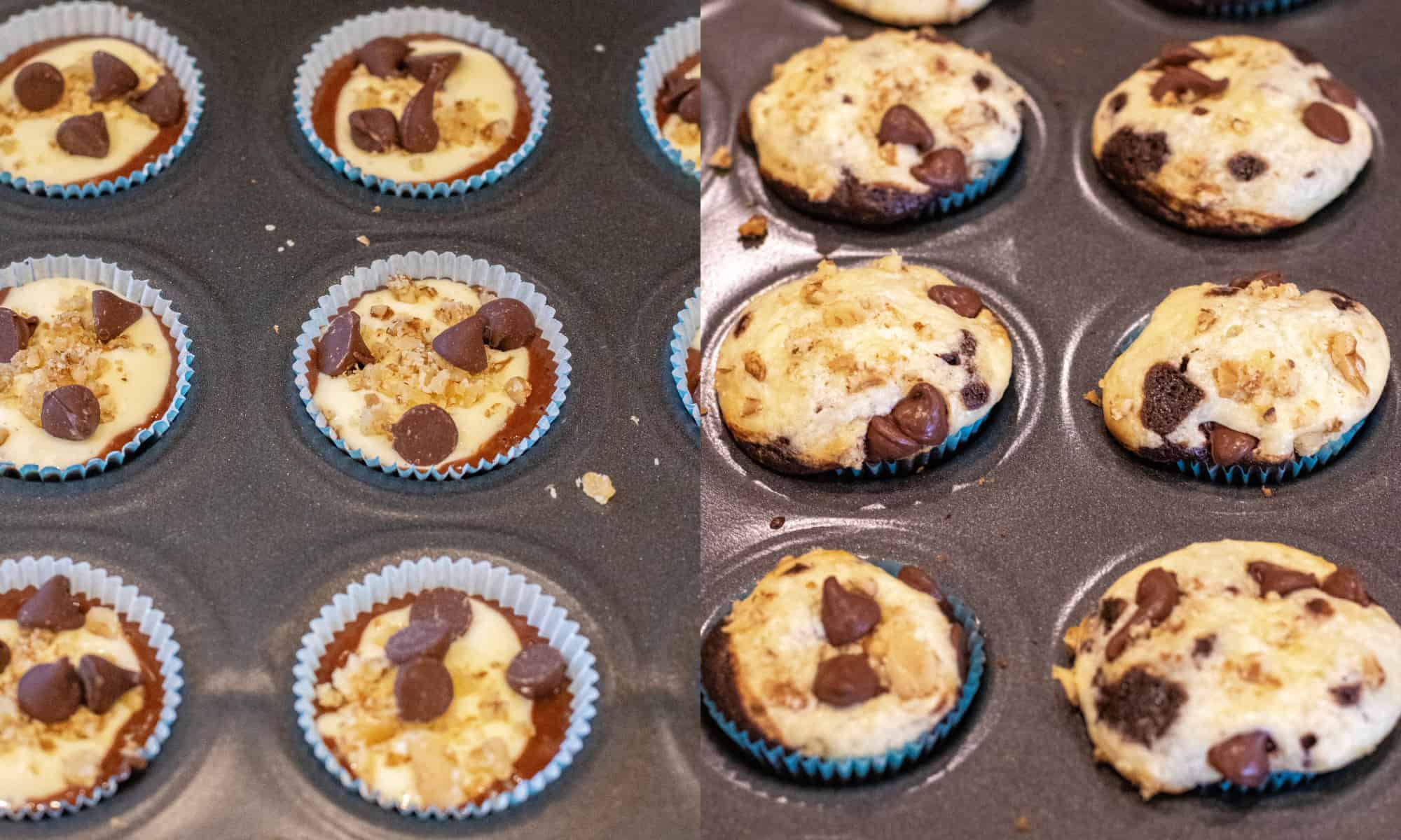 a close up of mini muffin tins with unbaked mini cupcakes with chocolate chips and walnuts and then baked.