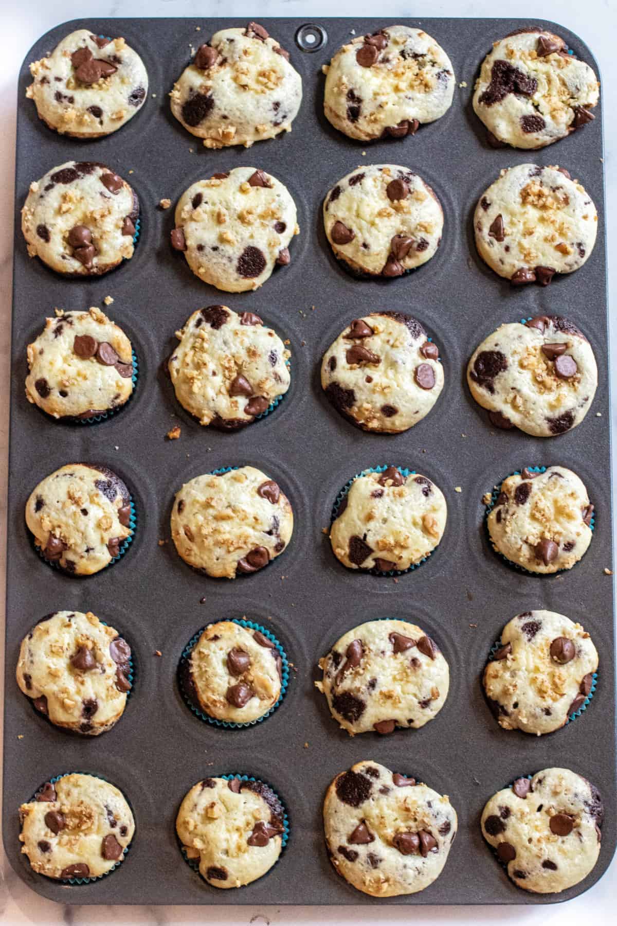 a tray of mini cupcakes with cream cheese frosting and chocolate chips and walnuts on top.