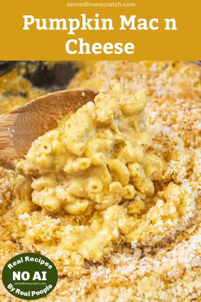 a cast iron with a scoop of mac n cheese with Pinterest pin text with NO AI sticker.
