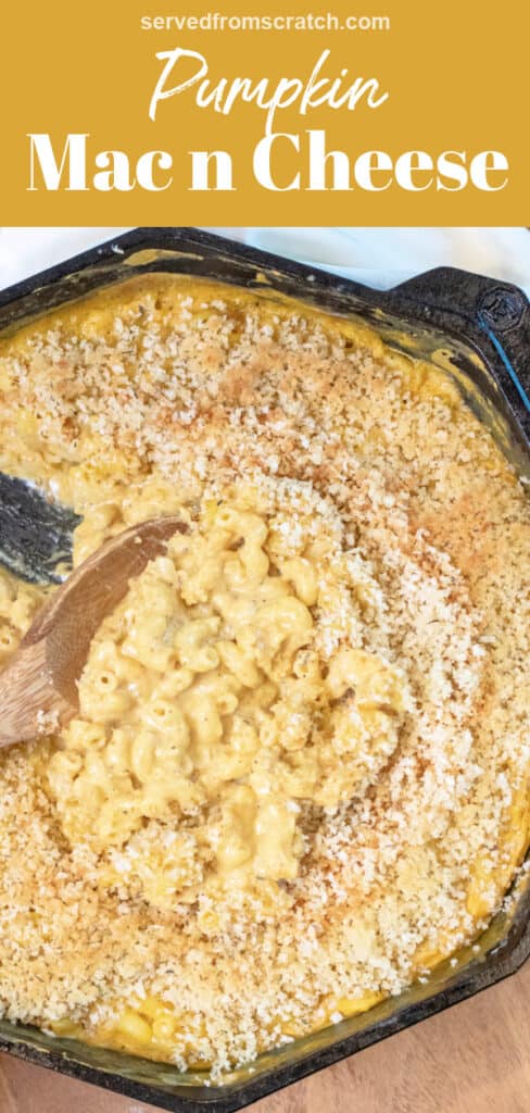 a cast iron with a scoop of mac n cheese with Pinterest pin text.