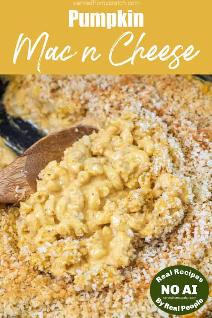 a cast iron with a scoop of mac n cheese with Pinterest pin text with NO AI sticker.