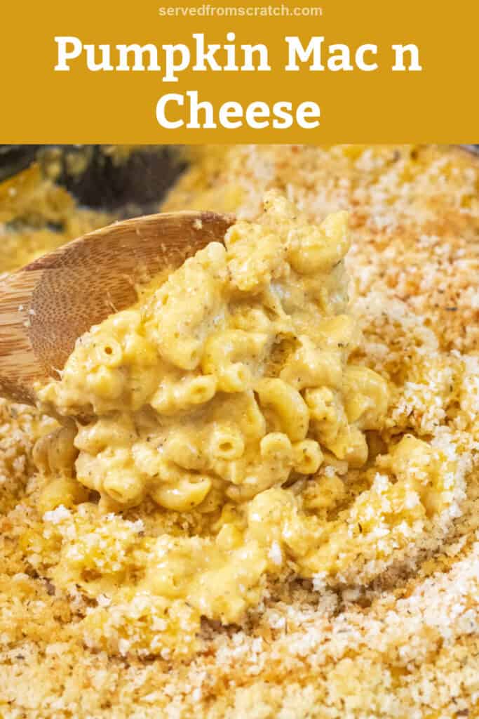 a cast iron with a scoop of mac n cheese with Pinterest pin text.